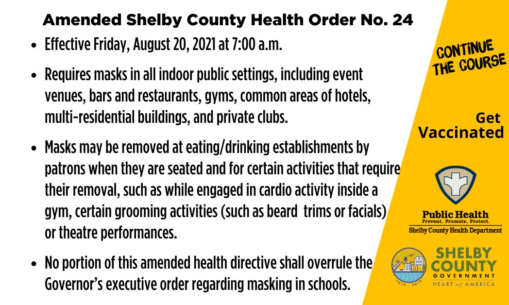 Second amended Health Order No. 24 is now in effect in Shelby County. It requires masks is all indoor public settings in order to slow the spread of the COVID-19 Delta variant. Full text of the order here: shelbytnhealth.com/healthdirectiv… #ContinuetheCourse #MaskUp