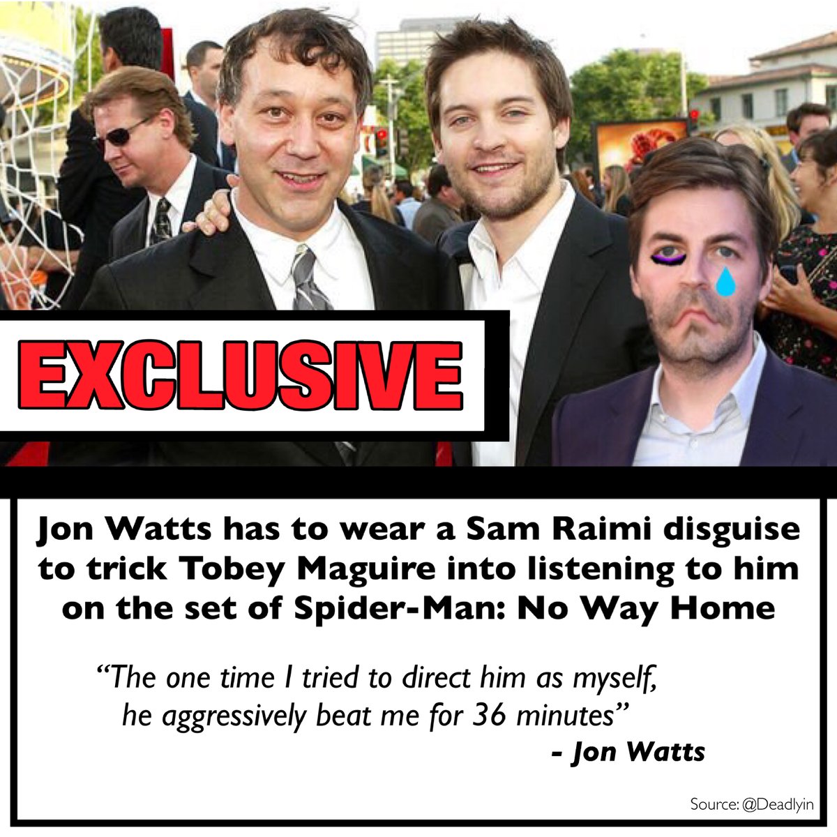 He probably thinks he’s filming Spider-Man 4.

(this definitely isn’t a new thing we’re trying called Fake News Fridays)

#spiderman #spidermannowayhome #tobeymaguire #samraimi #jonwatts #marvel #mcu #disney #tomholland #andrewgarfield #filmnews #filmupdate #fakenewsfriday