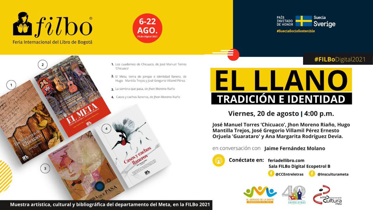 InsCulturaMeta's tweet photo. Hoy viernes, desde de las 4:00 de la tarde, será la transmisión del programa ‘El llano, tradición e identidad’, el departamento del Meta hace presencia en la programación oficial de @FILBogota .
#FILBo2021 #FilboDigital2021 #ColombiaLee #SueciaSocioSostenible
#ElMetaenFilbo https://t.co/CxcjTEkdHx