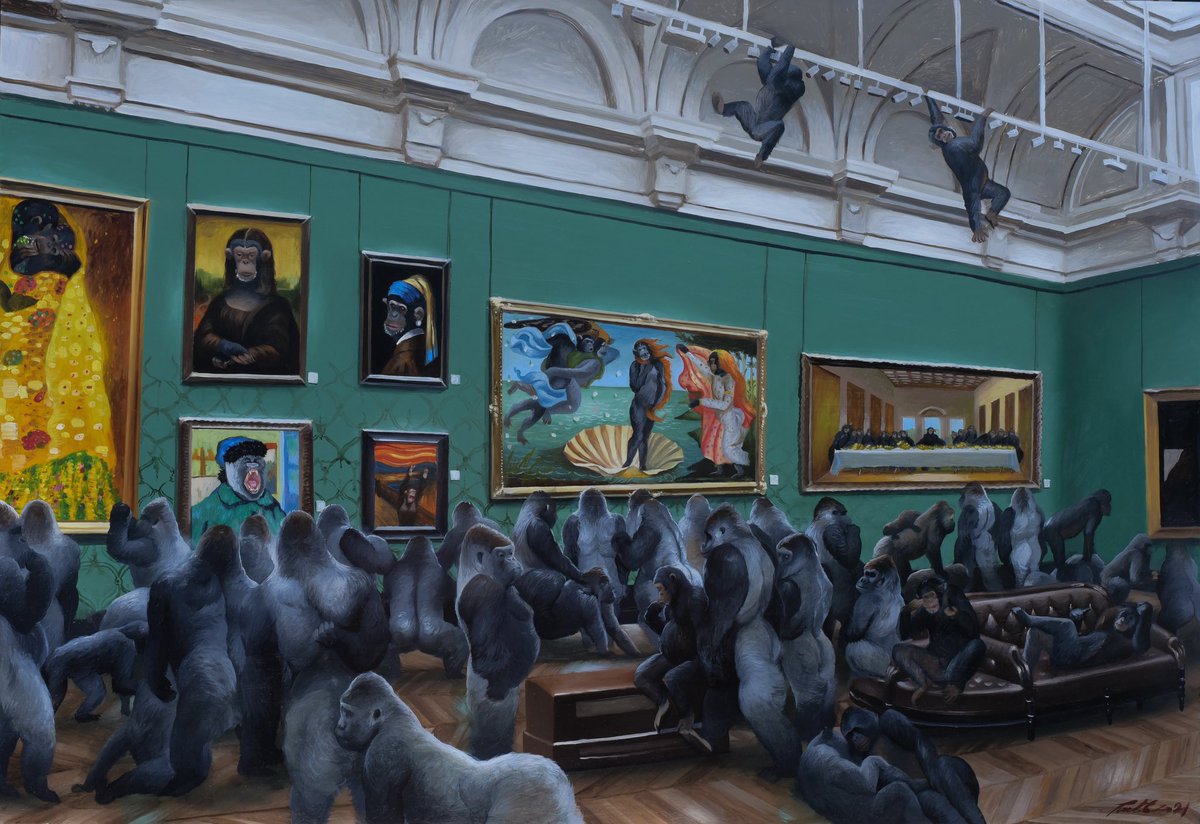 No god No human Only monkeys.
Oil painting.
History is written and recorded by monkeys.
This is monkeys planet.
Monkeys are looking at their..

Please following my works in NFT form on Foundation website. Let’s bid my work.
👉foundation.app/@puntitabow
#nft #nftartist #nftcommunity