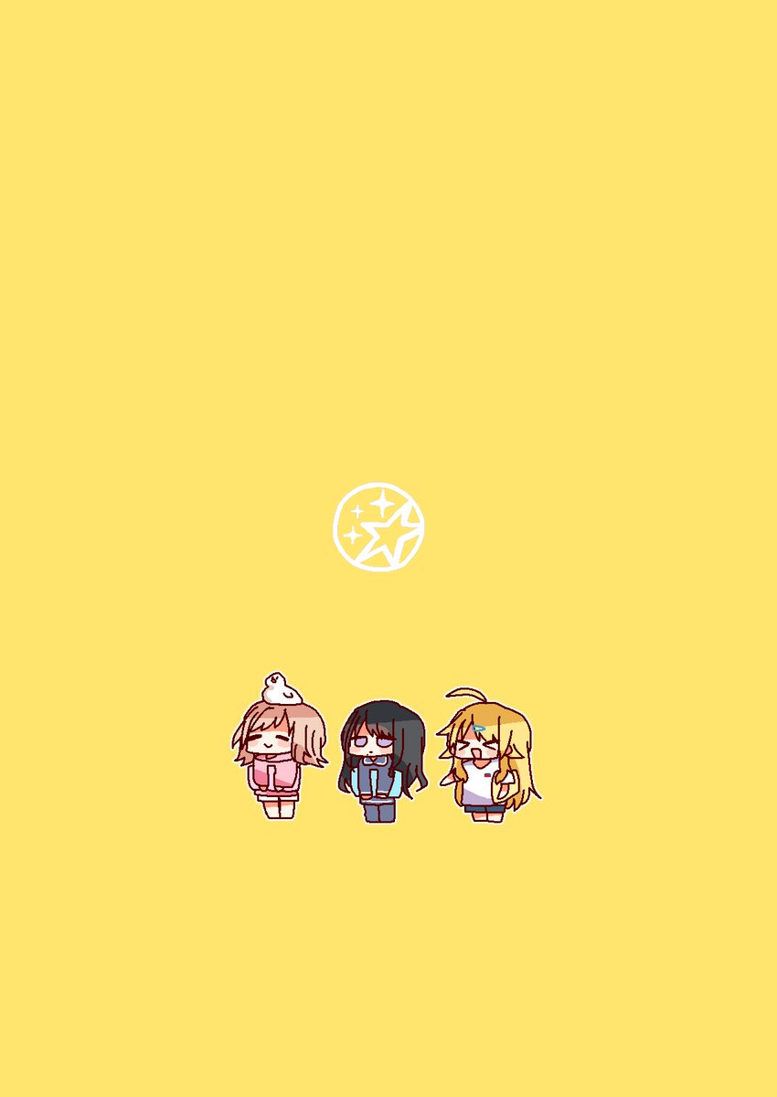 hachimiya meguru ,kazano hiori ,sakuragi mano multiple girls 3girls yellow background chibi black hair simple background blonde hair  illustration images