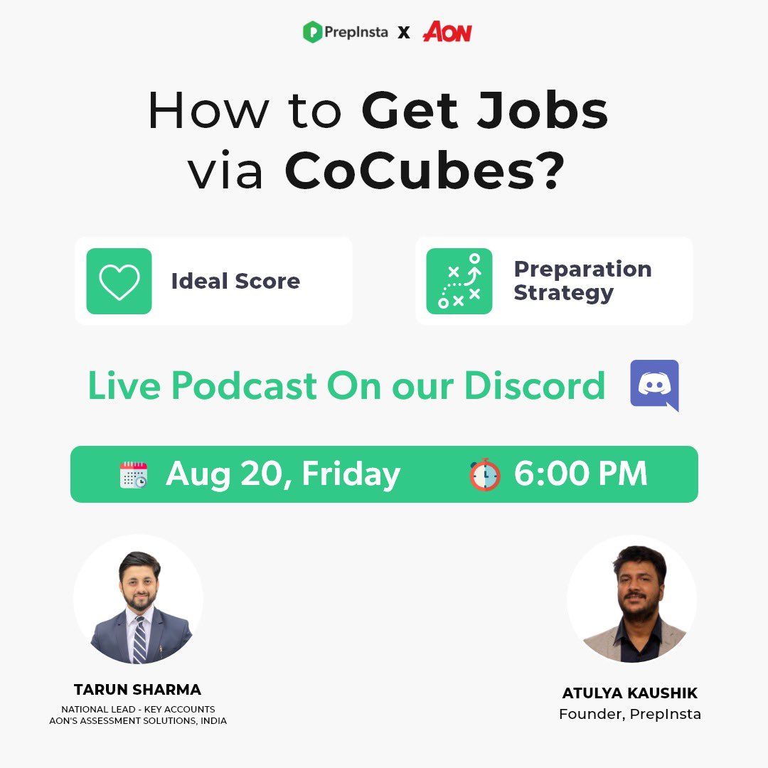 prepinsta's tweet photo. Live podcast with #CoCubes
on #Discord
Listen to Mr.Atulya Kaushik (Founder, #PrepInsta) and Mr.Tarun Sharma (National Lead -Key Accounts
Aon’s Assessment Solutions
India) discuss all about placements.
https://t.co/4YNgB9IWDJ
#YouTube livestream link:
https://t.co/ynWGTMd8iA https://t.co/cC4kqY1nQI