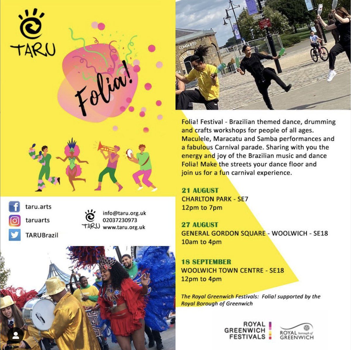 We are playing at the Folia! Festivals by TARU Arts – Brazilian themed drumming, dance, and craft  for people of all ages. Sat 21.08.21 / Fri 27.08.21 / Sat 18.09.21. Carlton Park &amp; Woolwich.
.
facebook.com/photo.php?fbid…