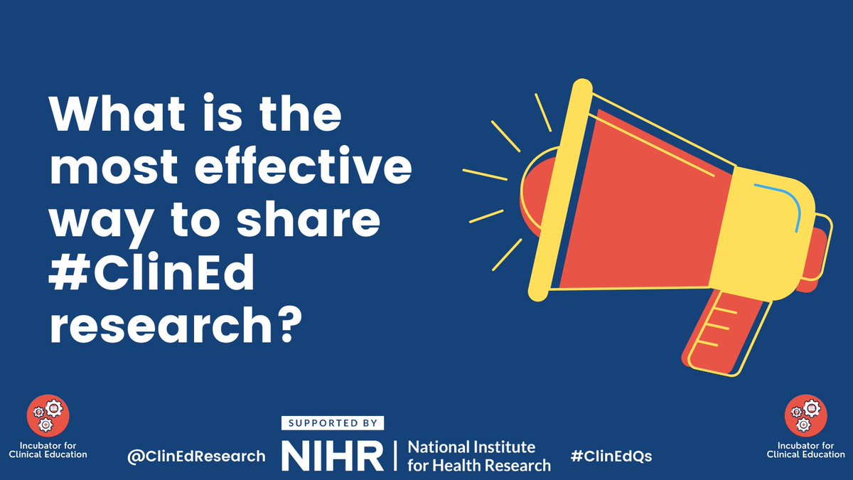 Infographic with an image of a megaphone with the text 'what is the most effective way to share #ClinEd research?'