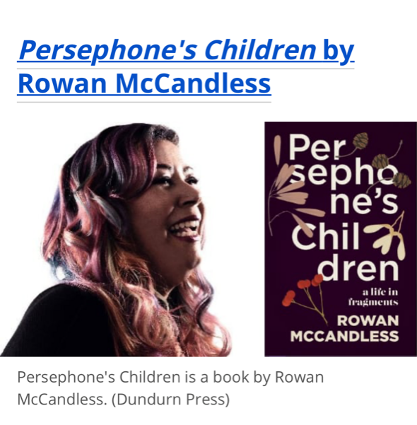Screenshot of Rowan McCandless with pink hair laughing and the cover of her book Persephone’s Children and various flowers on it