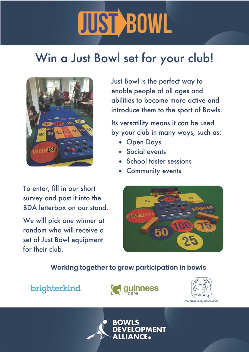 We’ll be at the <a href="/BowlsEngland/">Bowls England</a> National Finals in Leamington Spa next Monday and Tuesday. Why not come down and have a chat with us and see the Just Bowl equipment in action! If you take part in our survey, you could even win a Just Bowl set for your club! #PlayBowls #SportForAll