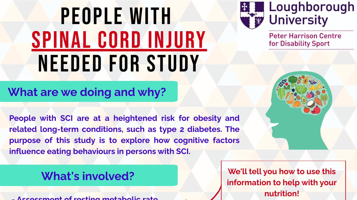 Persons with #SCI needed for research into eating behavior - Please retweet🙏

What you`ll get:
- Body composition assessment
- Resting energy expenditure assessment
- Insight into what influences your eating behavior 

Interested? Email Jordan Fenton: j.fenton@lboro.ac.uk