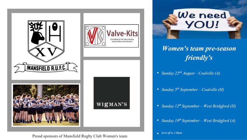 Our Women's team play the 1st of 4 pre season friendlies away Vs Coalville Ladies. 
We would love you to join us at home a couple of weeks later for our game Vs West Bridgeford.
A huge thank you to our sponsors Valve Kits &amp; Wigmans Hair &amp; Beauty for be amazing. #playwithoutfear