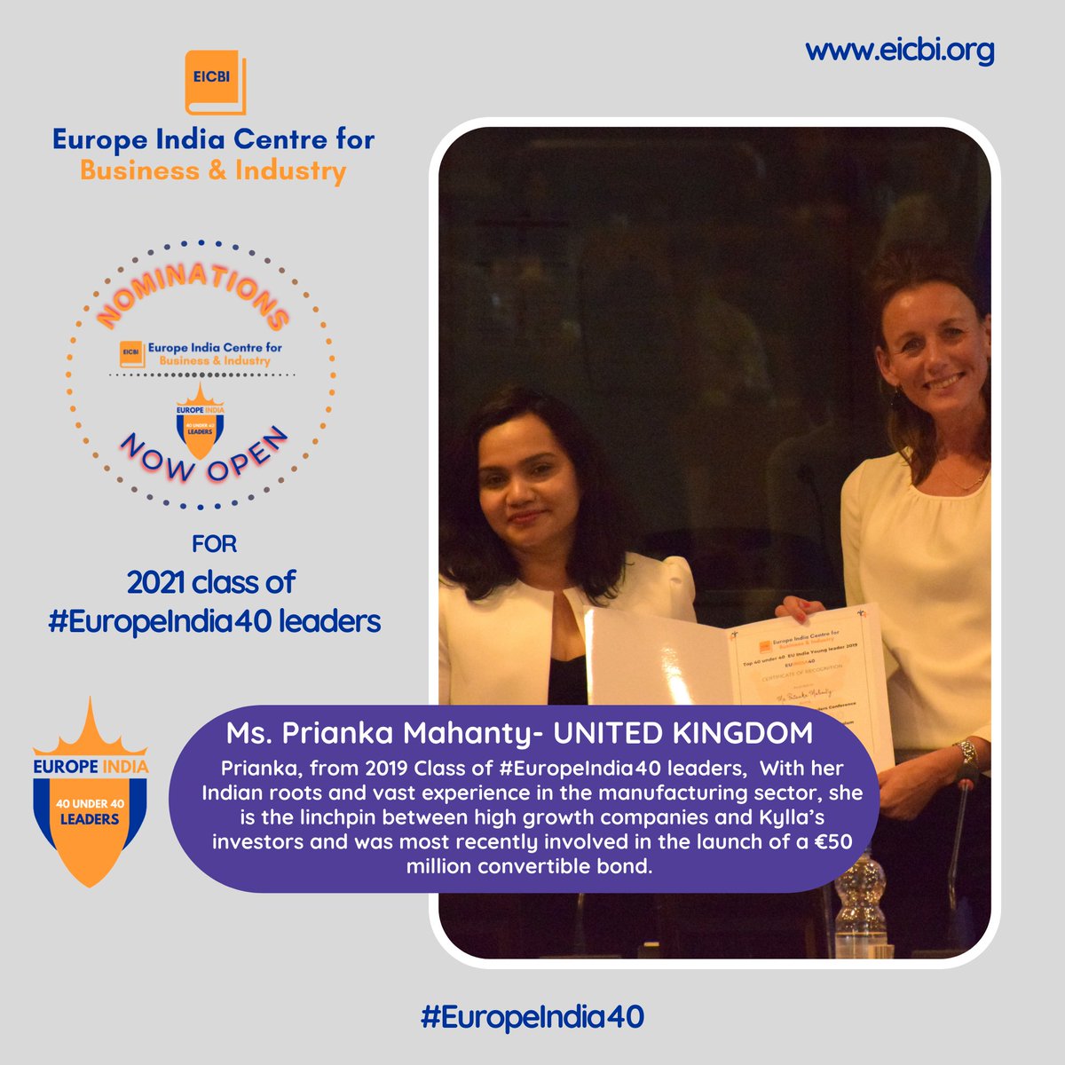 EuropeIndiaCBI's tweet photo. Meet #EuropeIndia40 leader from 2019 Class, Prianka . Are you also a #YoungLeader who is fostering closer cooperation b/w #India &amp; #EU or India &amp; #UK. Apply for 2021 class of 40 under 40 list https://t.co/94jznSEY1L
#EuIndia #EuIndiaEkSaath #UKIndia #UKIndiaRelations https://t.co/qMGyZIkTmo
