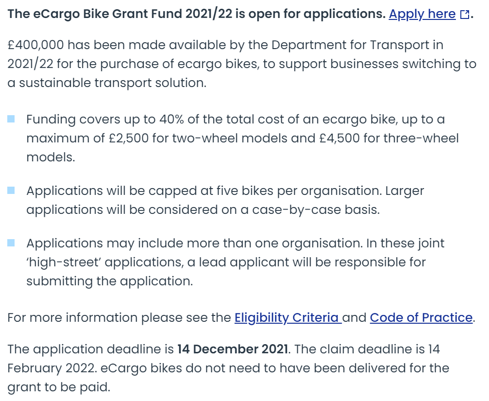 ArlenPettitt's tweet photo. Funding available for businesses (or groups of businesses i.e. a local high street) to support the purchase of eCargo bikes.

40% of total cost up to £2,500 or £4,500 depending on the type of bike:
https://t.co/R6sOdpsatu https://t.co/cLmtT02baG