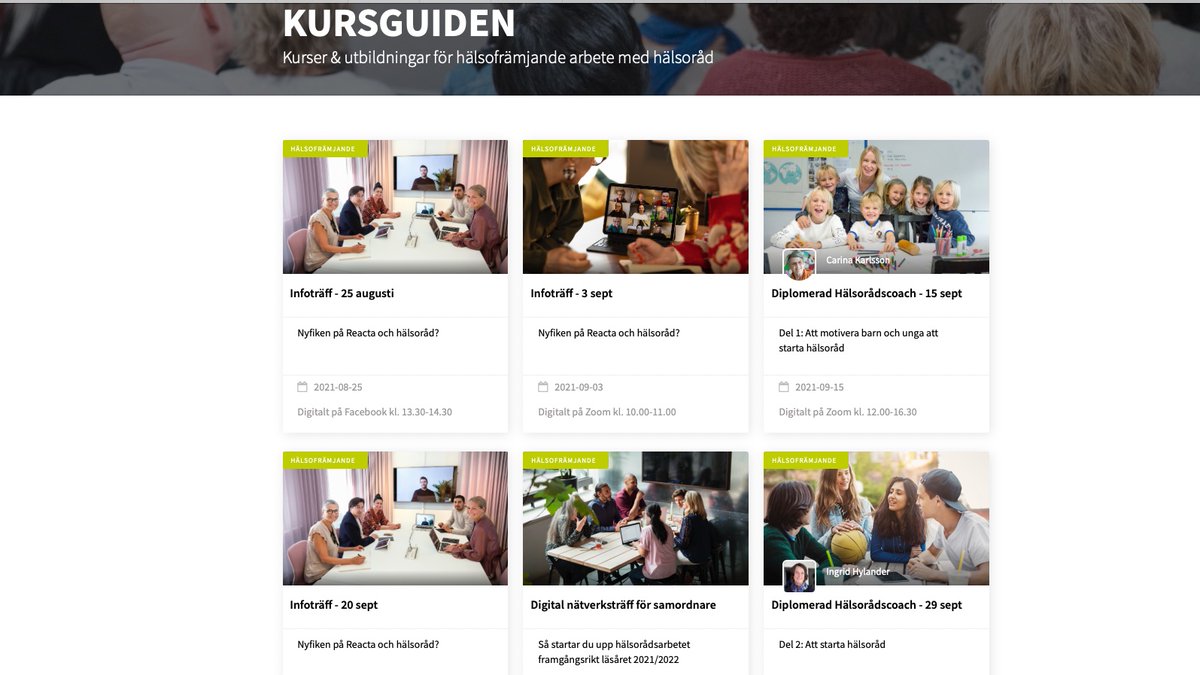 Reacta's tweet image. Kunskap &amp;amp; stöd att starta, driva och utveckla ditt hälsofrämjande arbete med hälsoråd? Missa inte kurserna där du blir Diplomerad Hälsorådscoach, alla infoträffar på Zoom och Facebook, liksom våra nätverksträffar. Välkommen! reacta.se/kursguiden