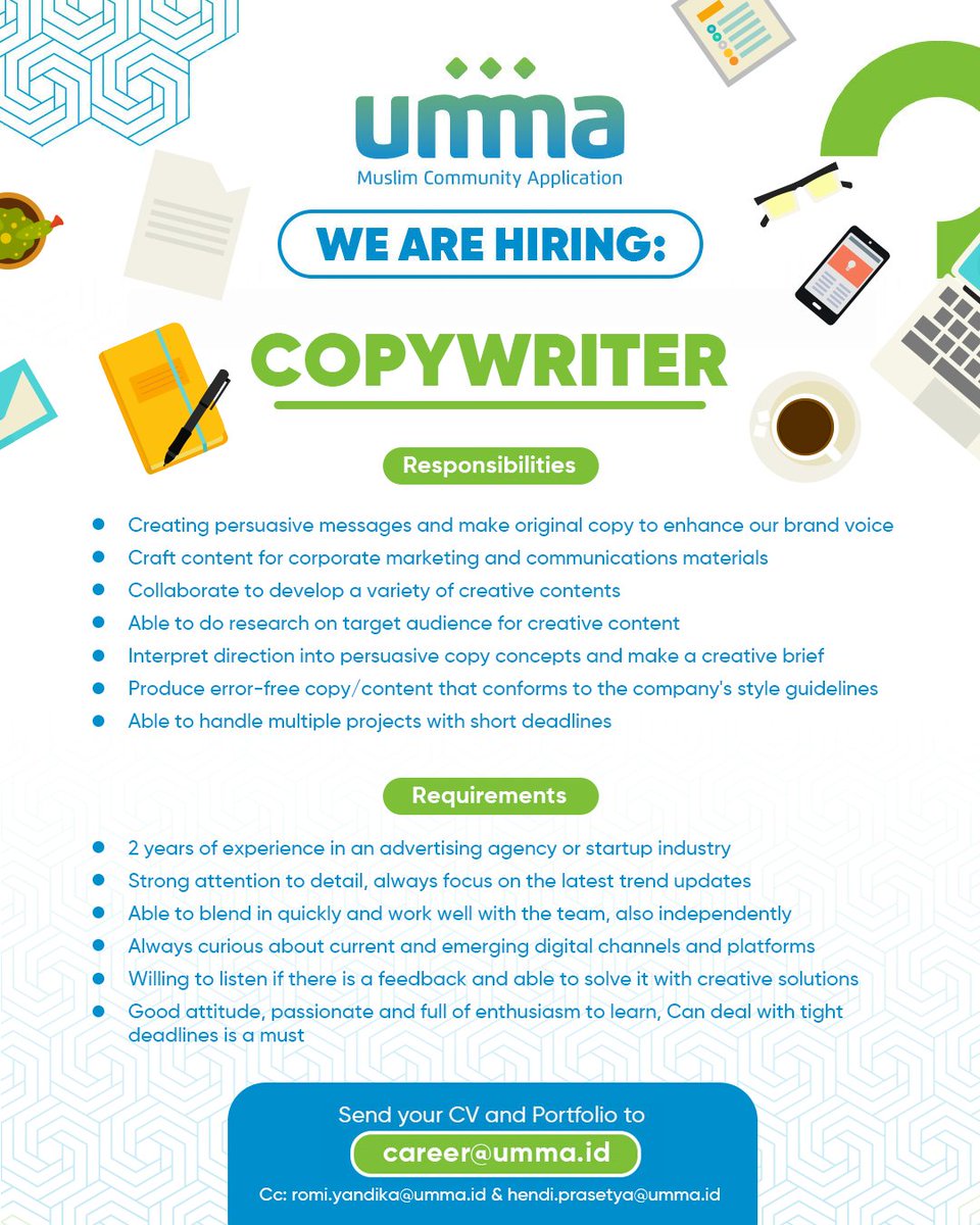 ummaindonesia's tweet photo. Bismillah, Assalamu'alaikum sahabat umma...

We’re #hiring for Copywriter position

If you're interested and meet the requirements below, please don't be shy! Kindly send us your updated CV to: 
career@umma.id

Thank you!

#ummaindonesia #recruitment #loker2021 #copywriter https://t.co/G5GQJ2wjm8