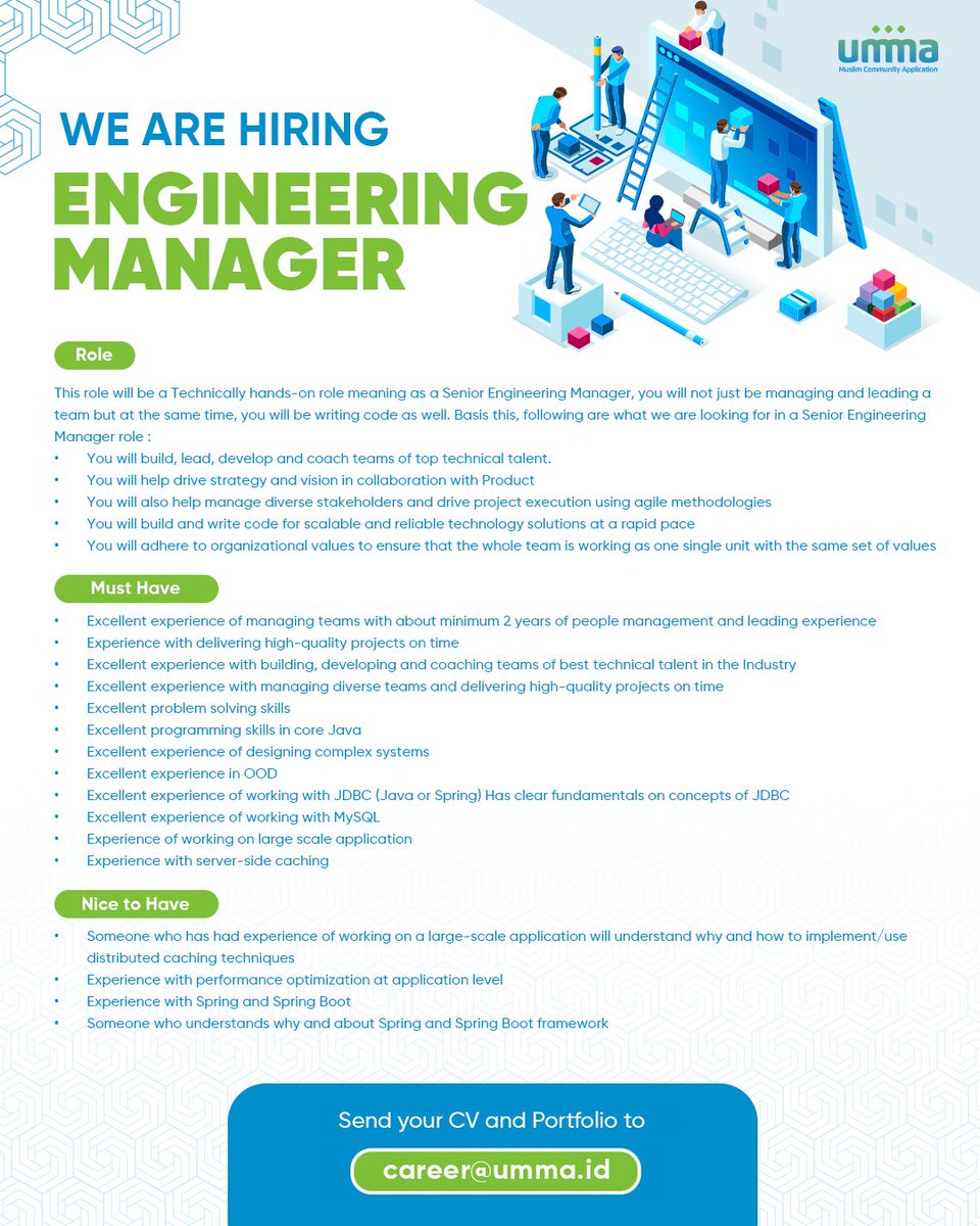 ummaindonesia's tweet photo. Bismillah, Assalamu'alaikum sahabat umma...

We’re #hiring for Engineering Manager position
If you're interested and meet the requirements below, please don't be shy! Kindly send us your updated CV to: 
career@umma.id

Thank you!

#ummaindonesia #recruitment #loker2021 https://t.co/3fgkZqvO5B