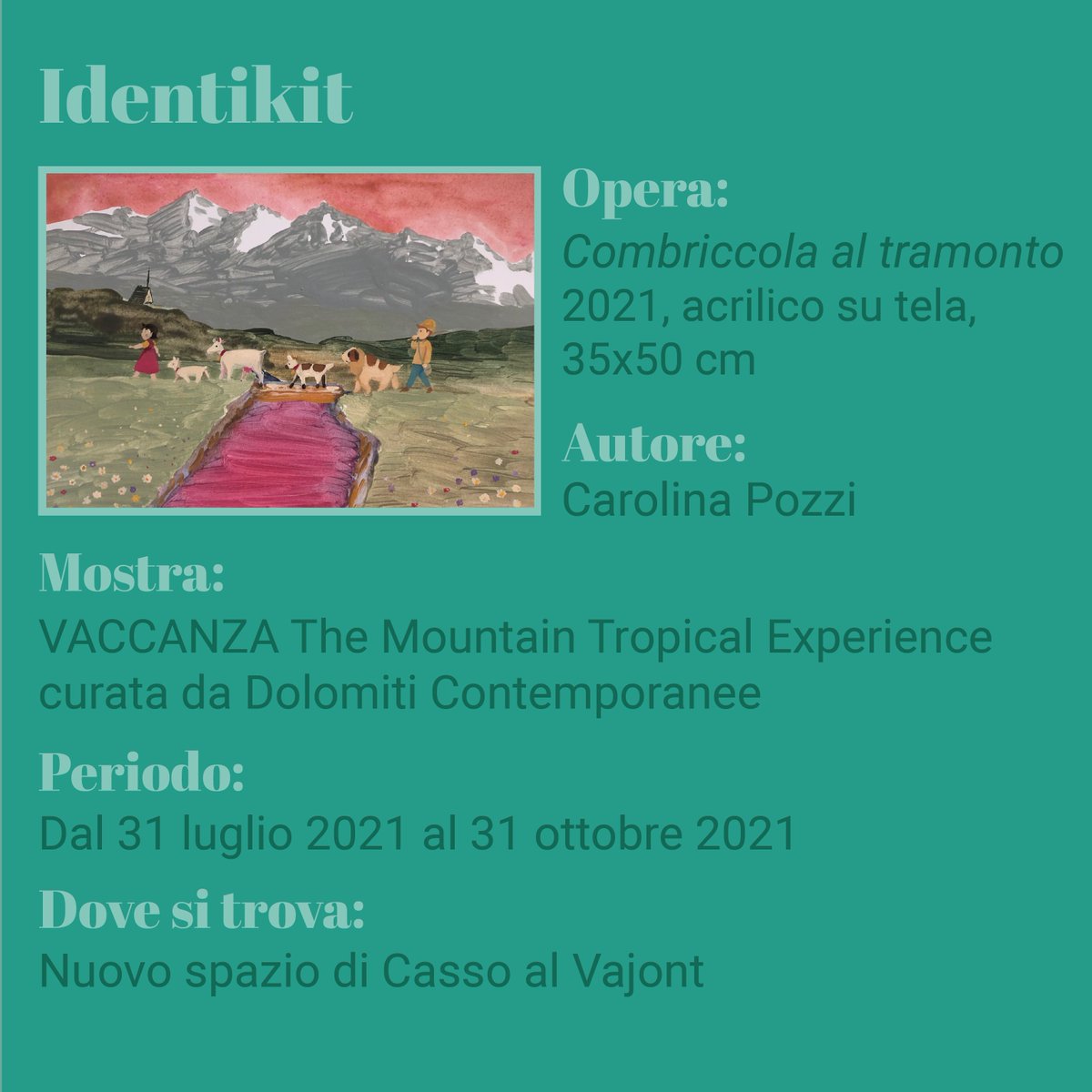 MuseoDolom_it's tweet photo. 🥥La Caccia al museo nei #DolomitesMuseum oggi ci porta in VACCANZA da:
Dolomiti Contemporanee!
🖼️L'oggetto che vi invitiamo a cercare è l'opera 'Combriccola al tramonto' di Carolina Pozzi.

⏰P.S. Avete tempo fino al 31 ottobre!

@DolomitesUNESCO https://t.co/FsgcvI5sJC