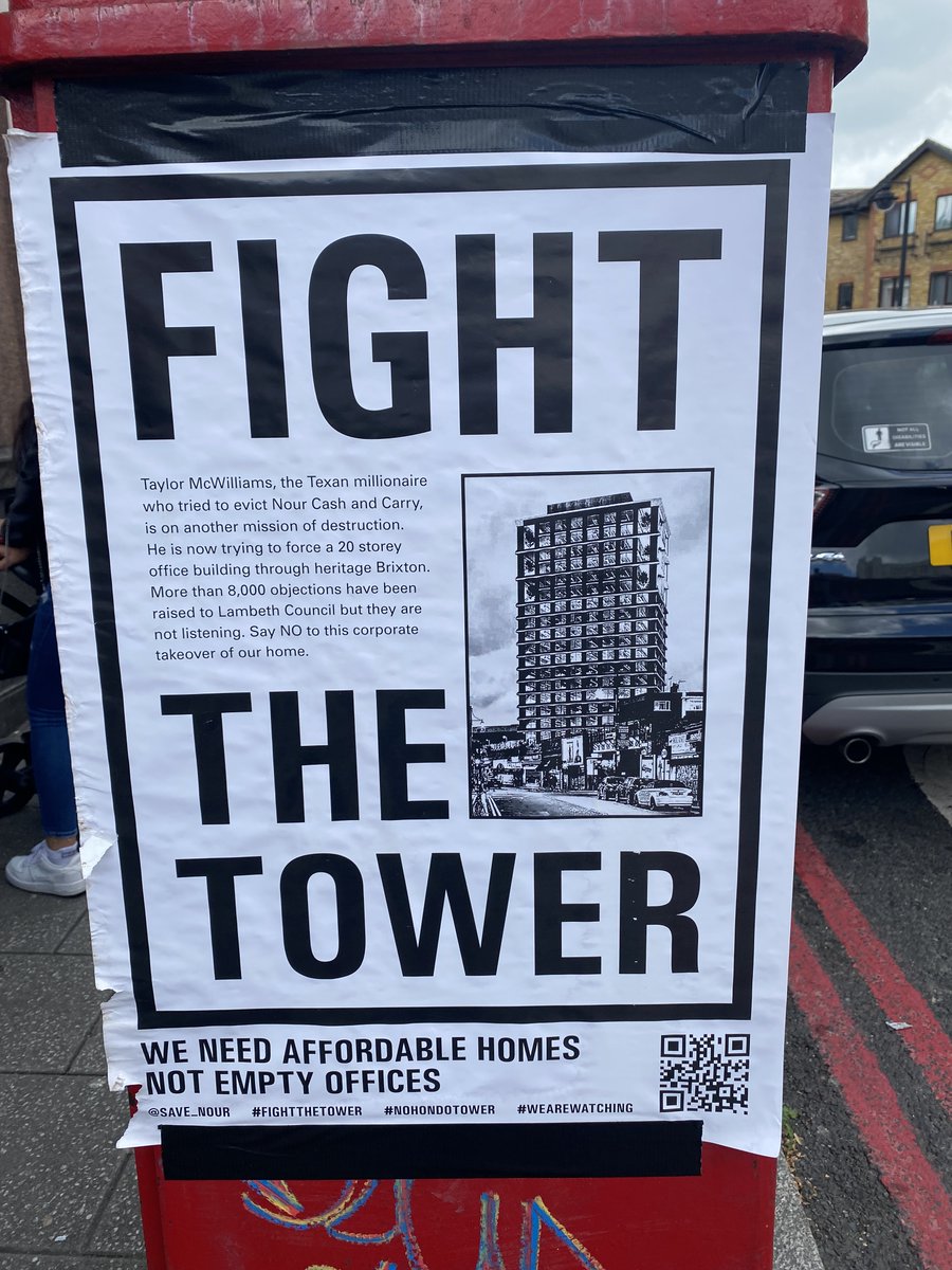 KayeHolland's tweet photo. The battle for Brixton’s soul continues…
Not content with trying (& thankfully failing) to evict Nour Cash & Carry, Billionaire Texan DJ Taylor McWilliams is planning a 20-storey tower block next to a conservation area and the famous Electric Avenue.
#savethetower #fightthetower https://t.co/vWTa3uqKiK