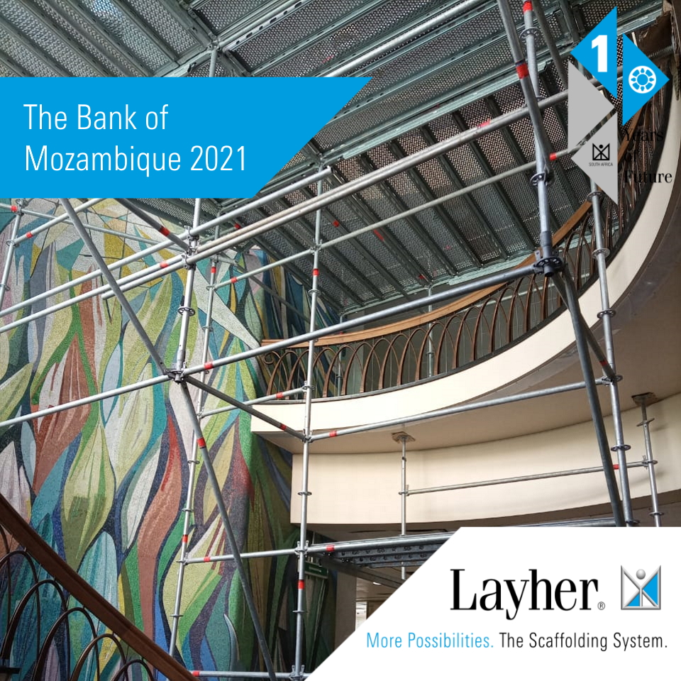 LayherSouth's tweet photo. In 2021, our client MLS Scaffolding were tasked with the maintenance of the ceiling of the Bank of Mozambique. They used #Layher to erect a safe platform for the task at hand. #10YearsOfSuccessfulPartnerships #MLSScaffolding #Scaffolding #Safety #Maintenance #Mozambique https://t.co/uvoc0d3wFz