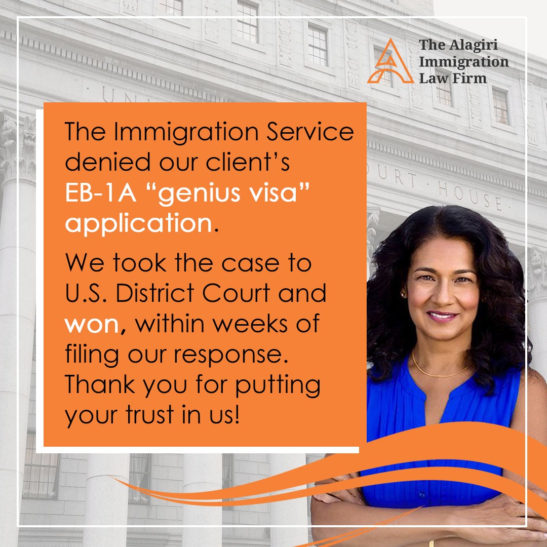 The Immigration Service denied our client’s EB-1A “genius visa” application.  We took the case to U.S. District Court and won. Thank you for putting your trust in us! 
#EB1A #EB1AVisa #GeniusVisa #CaseWon #DistrictCourt #ThankYouforTrustingUs #PriyaAlagiri #ImmigrationExpert