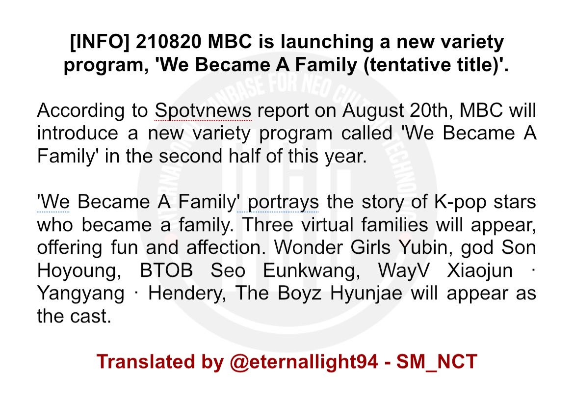 SM_NCT_BACKUP's tweet photo. [INFO] 210820 MBC is launching a new variety program, 'We Became A Family (tentative title)' in the second half of this year. #XIAOJUN, #YANGYANG &amp; #HENDERY will appear as the cast.

#NCT #WayV
Translated by @eternallight94 - SM_NCT
https://t.co/kAdL2XRwZK https://t.co/jRlNILMCLz