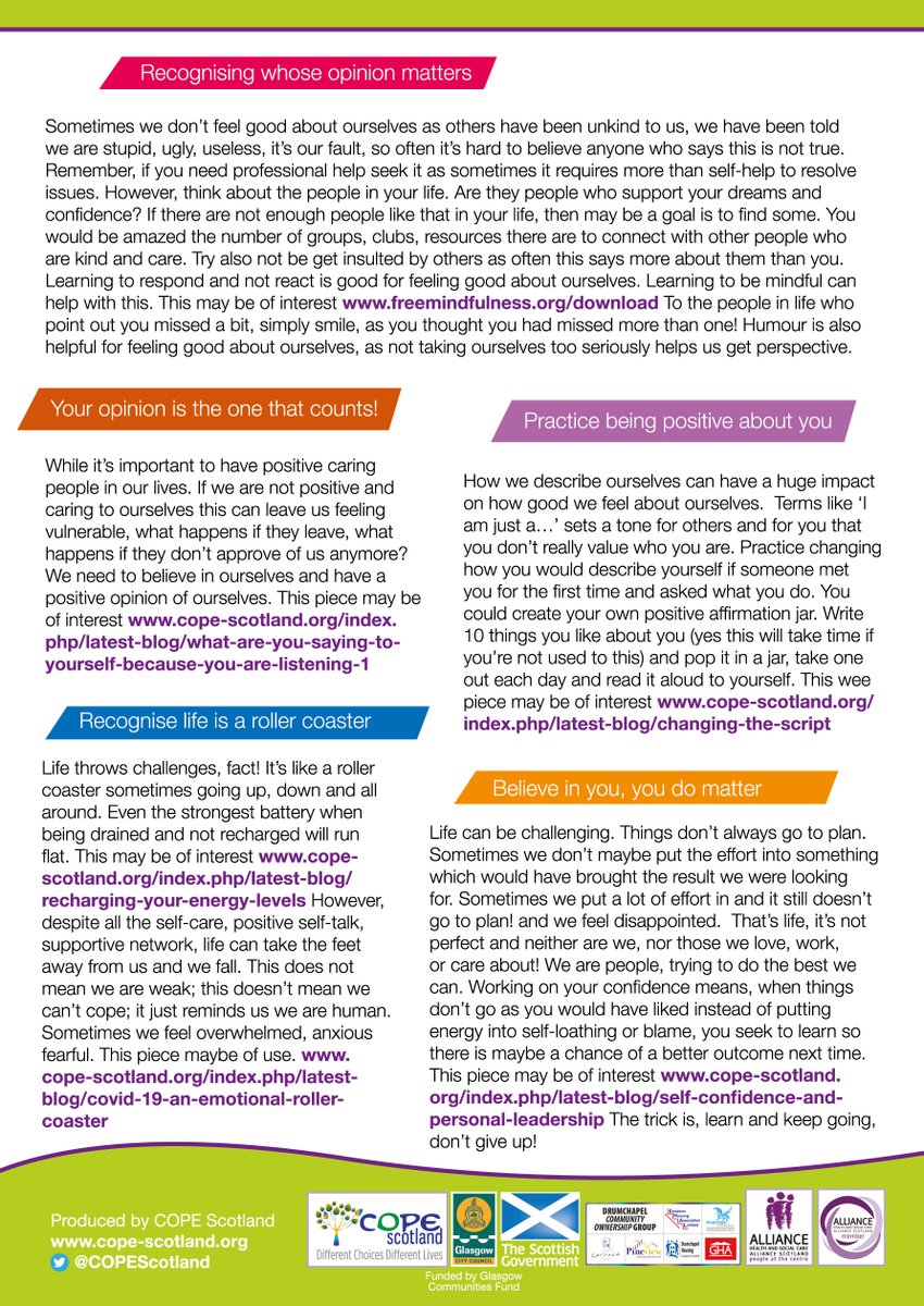 Thanks <a href="/SelfCareForum/">Self-Care Forum 💙</a> sharing. If anyone has found during #lockdown #COVID19 their #selfcare has slipped #selfcareweek is a timely reminder that you matter &amp; your #Wellbeing matters. Wee changes every day can lead to big differences. Follow <a href="/COPEScotland/">COPEScotland</a> for daily #selfcare tips