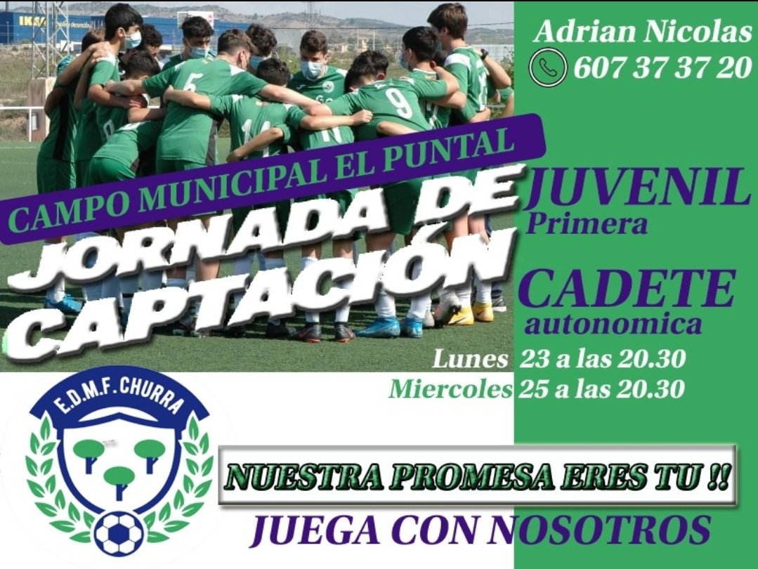 edmfchurra's tweet photo. Vive💪, sueña💤y disfruta🕺🕺 jugando con nosotros a lo que mas te gusta!!!⚽️⚽️

Nuestra promesa eres tu!!☝️☝️

Llama☎️ y participa con nosotros en las Jornadas de Captación de la EDMF CHURRA!!

JUEGA CON NOSOTROS!!! https://t.co/SF32wu0d0x