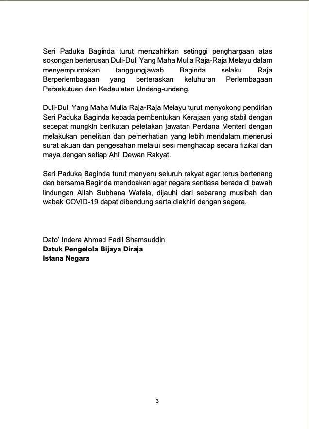 msianinsight's tweet photo. TERKINI: Sehubungan dengan Perkara 40(2)(a) & Perkara 43(2)(a) Perlembagaan Persekutuan, #YDPA telah berkenan melantik #IsmailSabri sebagai #PerdanaMenteri Malaysia ke-9.
Proses Mengangkat Sumpah Jawatan dijadualkan pada Sabtu ini, 2.30 ptg. https://t.co/EcSth41VRa