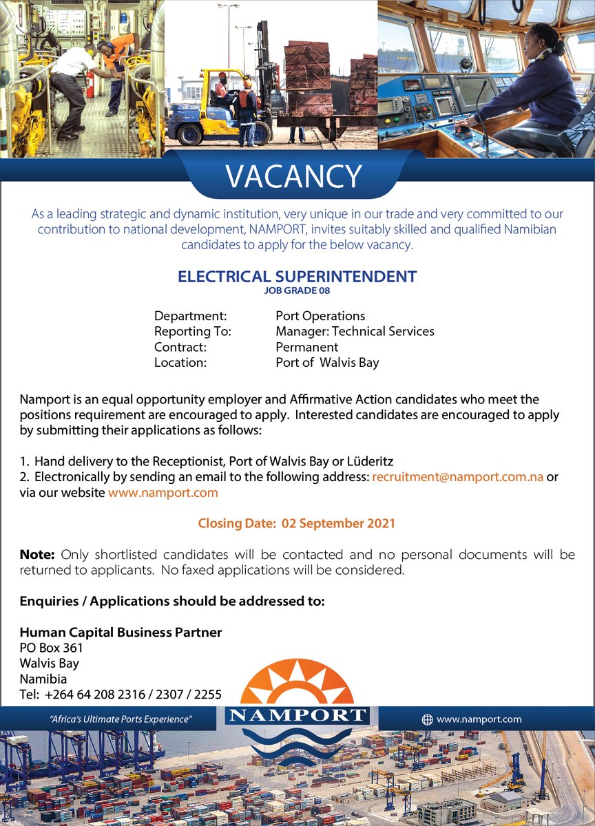 NAMPORT invites suitably skilled and qualified Namibian candidates to apply for the below vacancy: Electrical Superintendent at the Port of Walvis Bay. namport.com.na/careers/28/
#Namport #AfricasUltimatePortsExperience