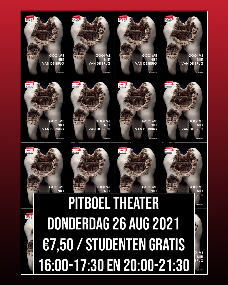 Do 26 aug 21 - 16:00 en 20:00/€7,50 (studenten gratis) - Studententoneelgroep Zuydwind speelt ‘Gooi me niet van de brug’; een dynamische, wrevelige en sprookjesachtig tragikomedie over een studentenhuis, het restaurant
eronder en de avondwinkel daarnaast.
Pitboeltheater.nl
