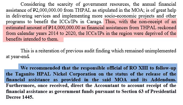 jauhnetienne's tweet photo. COA also flagged the same regional office for failure to collect, for the past 7 years, financial assistance from a mining company as mandated under a MOA, depriving IPs of benefits intended for them.

The demandable amount has now ballooned to P14 million. https://t.co/XyHGD3CaDd