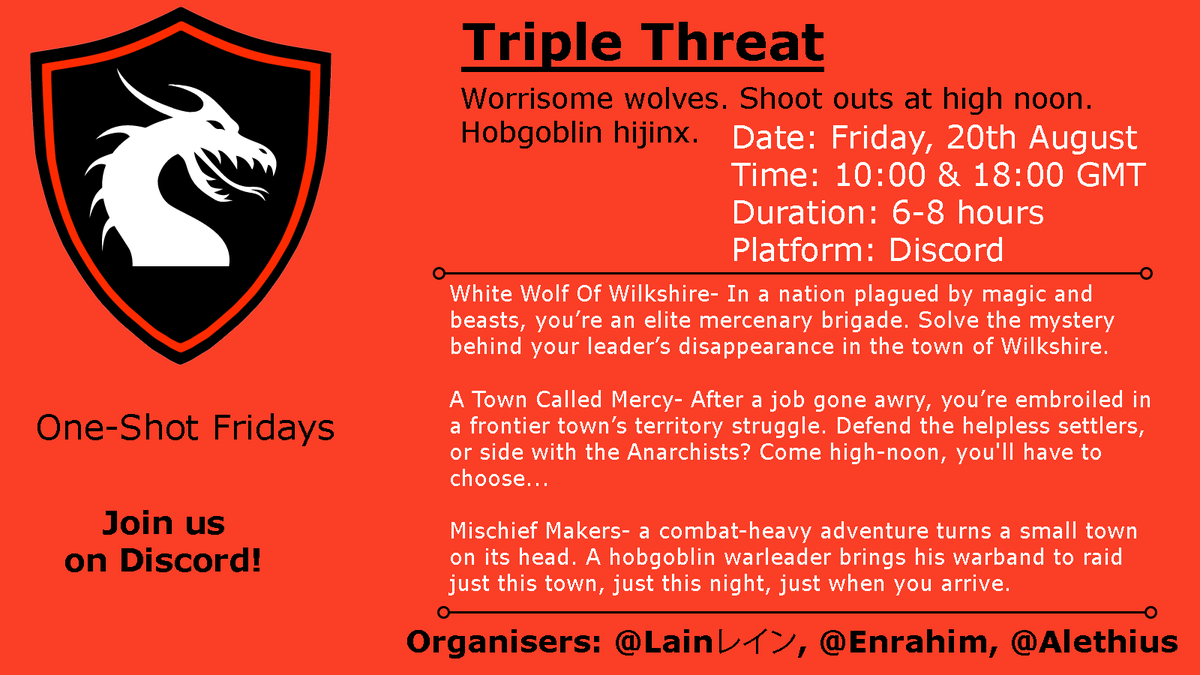 OneShotFridays's tweet photo. https://t.co/rKxuLs0W2c

FRIDAY, FRIDAY, FRIDAY!! Are you excited? Because we are.  We have three games today, all with very different themes. Variety is the spice of life, after all *chef's kiss* 😗

#dndgames #dnd #oneshotfriday #OSF #dndoneshot #ttrpg #playdnd https://t.co/YE0ok4YdXP