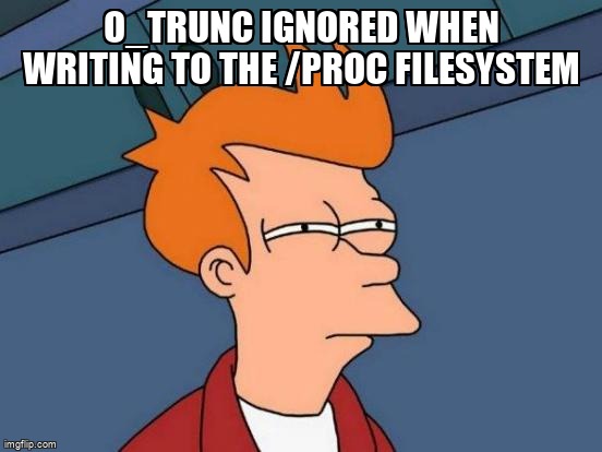overflow_meme's tweet image. O_TRUNC ignored when writing to the /proc filesystem stackoverflow.com/questions/6880… #sysctl #systemcalls #procfs #linuxkernel