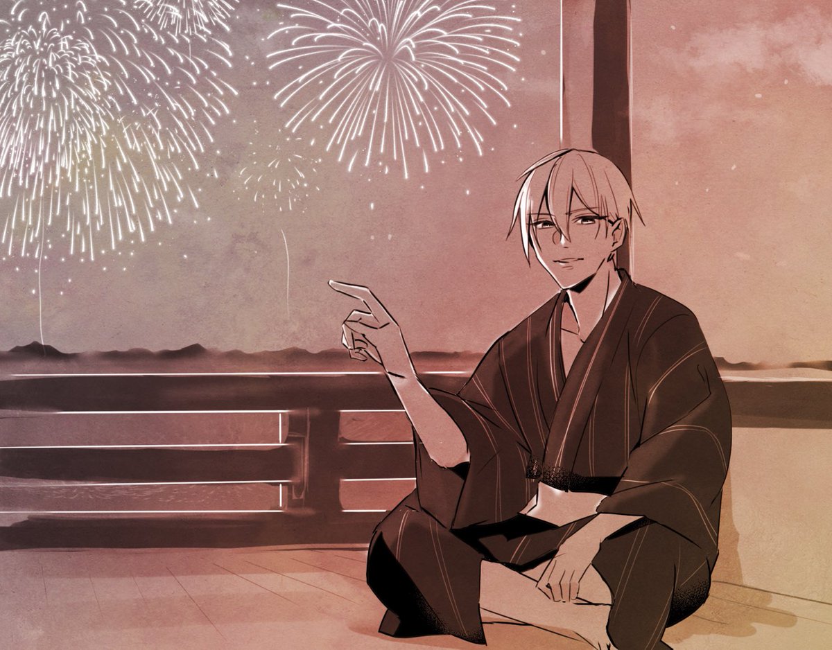 1boy male focus japanese clothes fireworks sitting solo kimono  illustration images