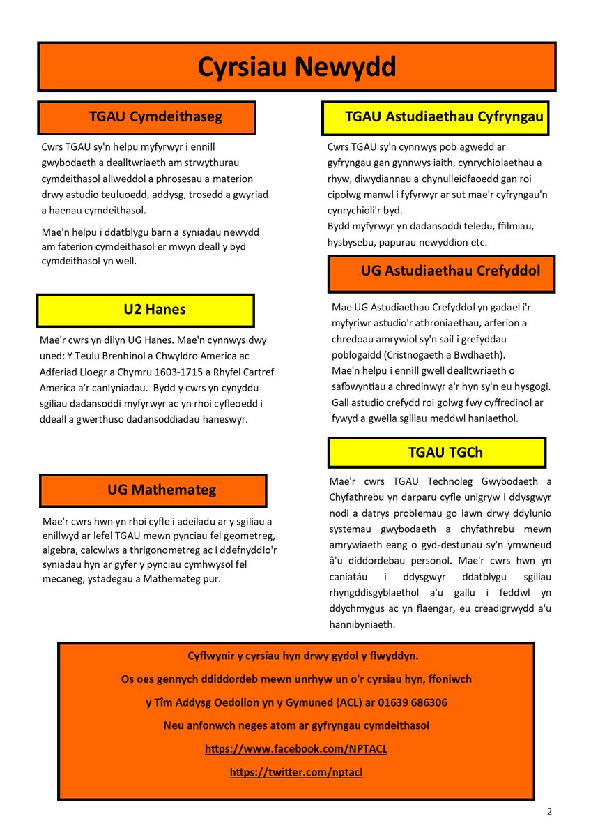 ACL has a new Prospectus out, here are some of the courses available, for an enrolment form please email a.vaughan@npt.gov.uk