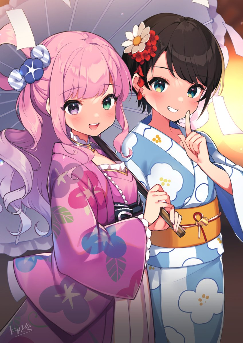 himemori luna ,oozora subaru multiple girls 2girls japanese clothes kimono pink hair hair ornament umbrella  illustration images