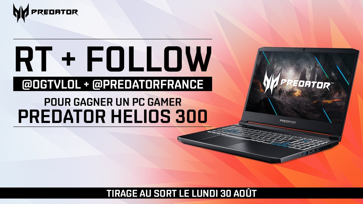 OGTVLoL's tweet image. Pour fêter les playoffs de la #LPL, on vous régale, avec notre partenaire @PredatorFrance ! 😍

Gagne ton PC gamer Predator Helios 300 en réalisant la mécanique suivante :
🔹 RT ce tweet
🔹 Follow @OGTVLoL + @PredatorFrance 

TAS le 30 août 2021