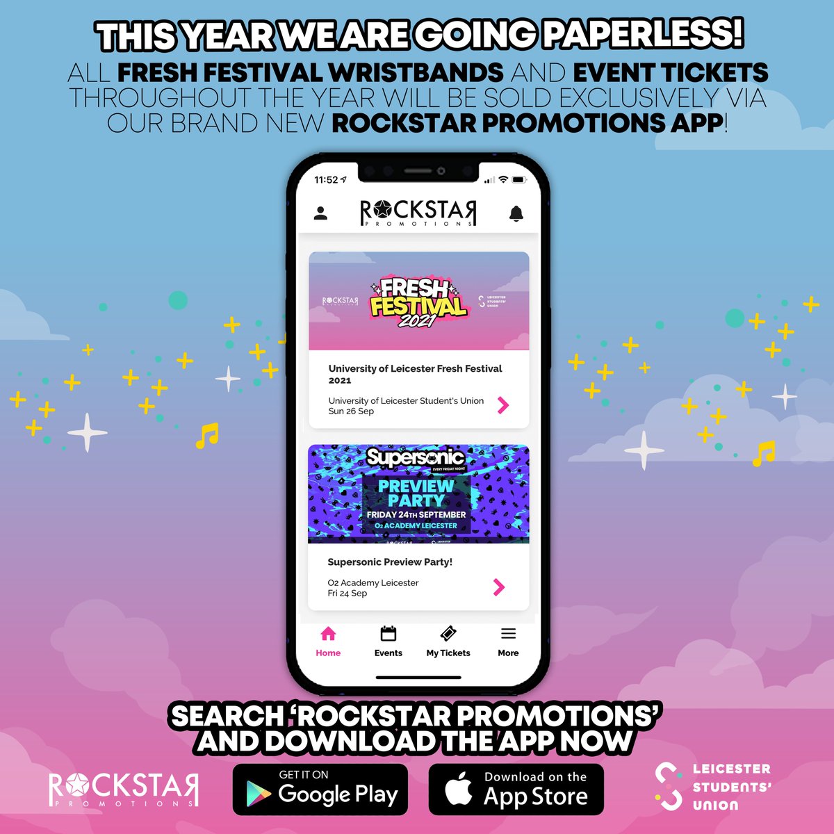 🚨| 𝗡𝗘𝗪: 𝗧𝗵𝗶𝘀 𝘆𝗲𝗮𝗿 𝘄𝗲’𝗿𝗲 𝗴𝗼𝗶𝗻𝗴 𝗽𝗮𝗽𝗲𝗿𝗹𝗲𝘀𝘀!

All Fresh Festival Wristbands &amp; Event Tickets will be sold EXCLUSIVELY via our new app!

A quick, easy &amp; SECURE way of purchasing!

Search 'Rockstar Promotions' &amp; download the app today!

<a href="/LeicesterUnion/">Leicester Students’ Union</a>