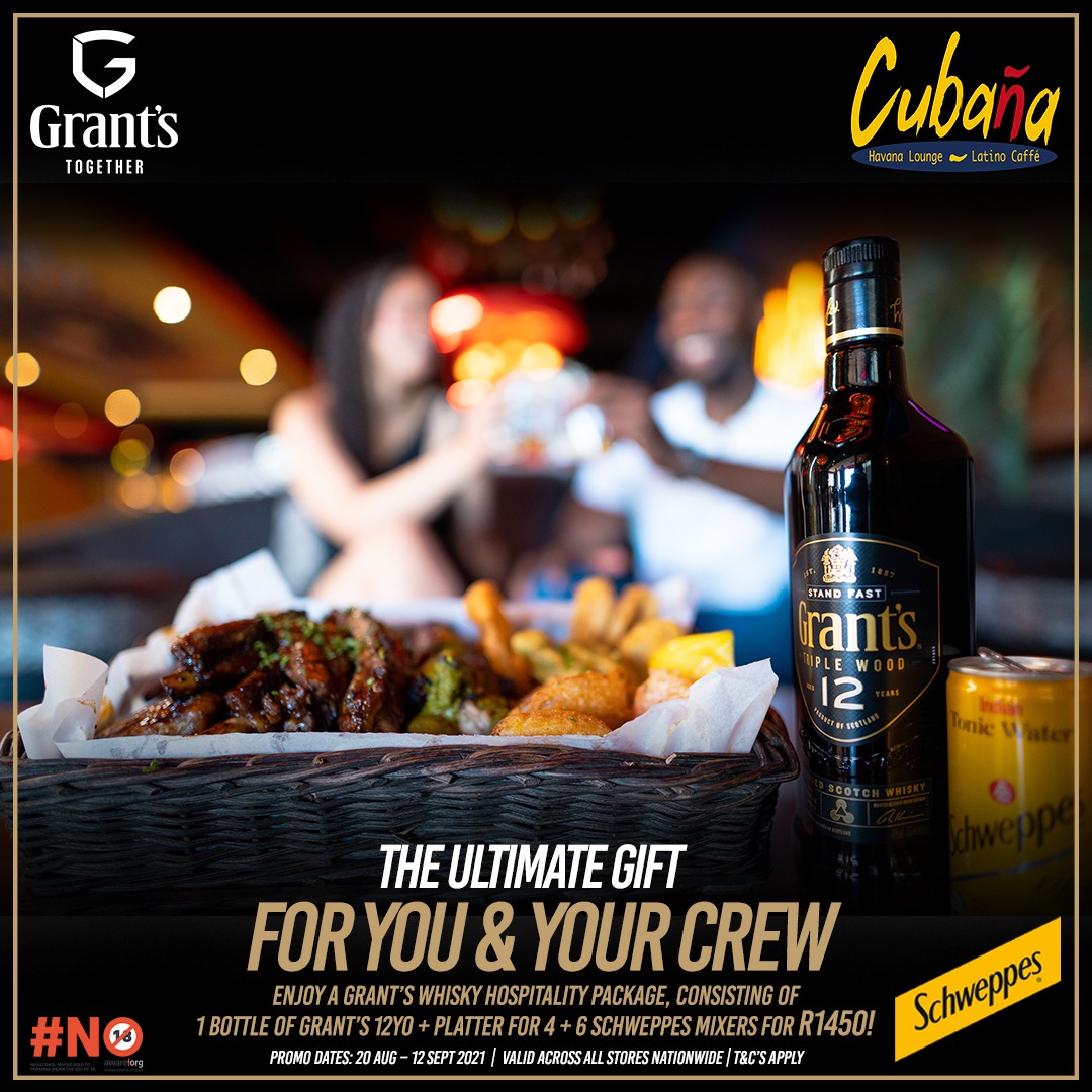 We've got something slick for you! Visit your nearest Cubaña store &amp; enjoy a <a href="/GrantsWhiskySA/">GrantsWhiskySA</a> hospitality package - 1 bottle of Grant's 12YO + Platter for 4 + 6 <a href="/Schweppes/">Schweppes</a> mixers for a discounted R1450!  #GoFurtherTogether
#Grants12 ##ComeSeeAndBeSeen| COVID-19 Rules Apply.