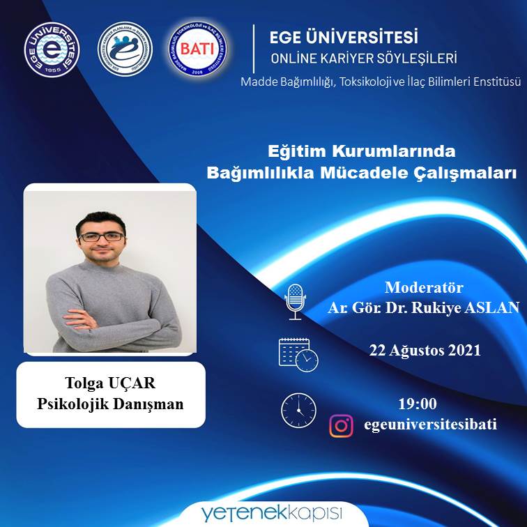 Online Kariyer Söyleşileri etkinliğimiz 22 Ağustos 2021 tarihinde saat 19.00'da Instagram hesabımızdan yapılacaktır. <a href="/UniversiteEge/">Ege Üniversitesi</a> #universite #kariyer #bagimlilik