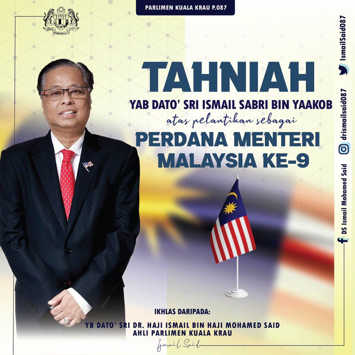 Alhamdulillah syukur dan setinggi - tinggi tahniah YAB Dato’ Sri <a href="/IsmailSabri60/">Ismail Sabri</a> atas pelantikan sebagai Perdana Menteri ke 9 🙏🤲