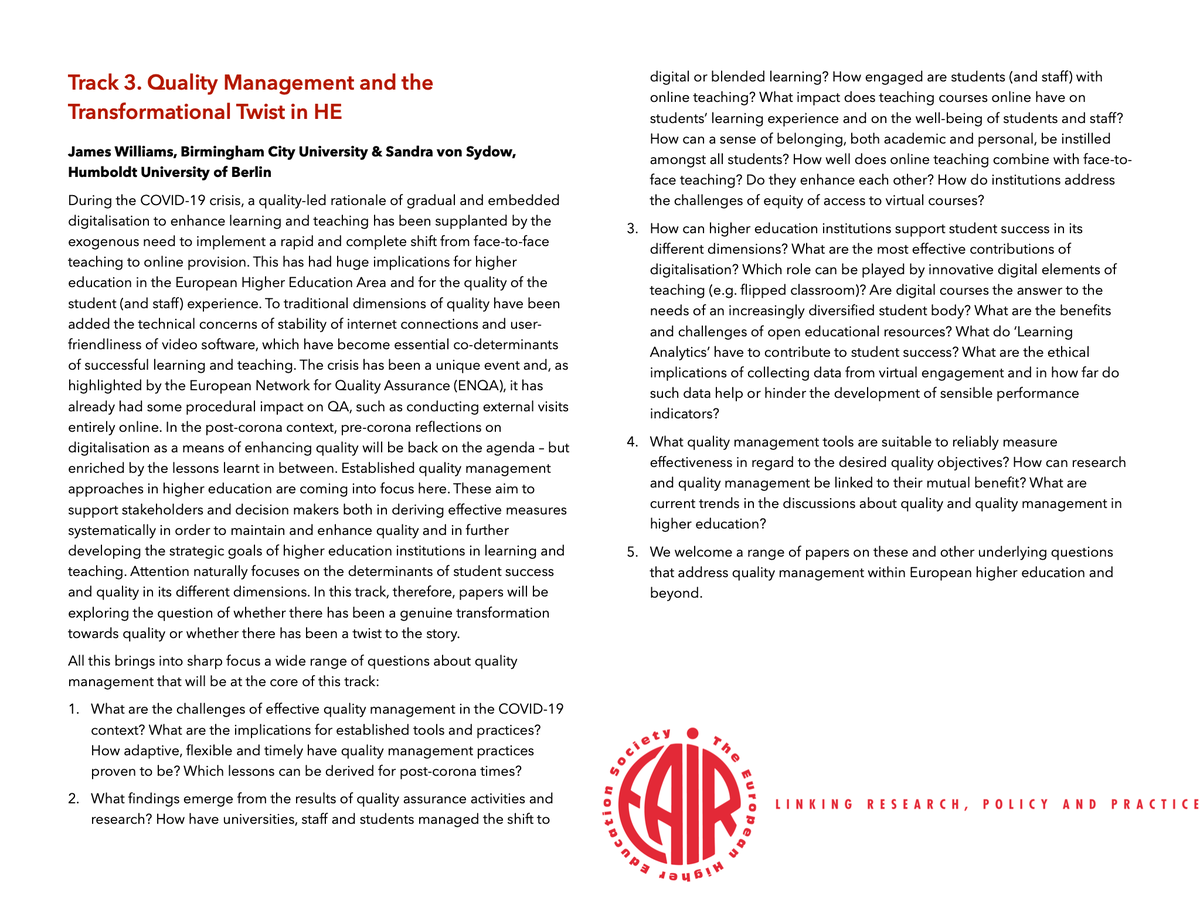 TheEAIR's tweet photo. #Quality #Management and the Transformational Twist in #HE is the topic of #Track3 at #EAIR2021 in September at @HumboldtUni. Register now at https://t.co/jibQZdLi9e and become part of a great #EAIR #higheredcommunity. https://t.co/re5AepMvD6