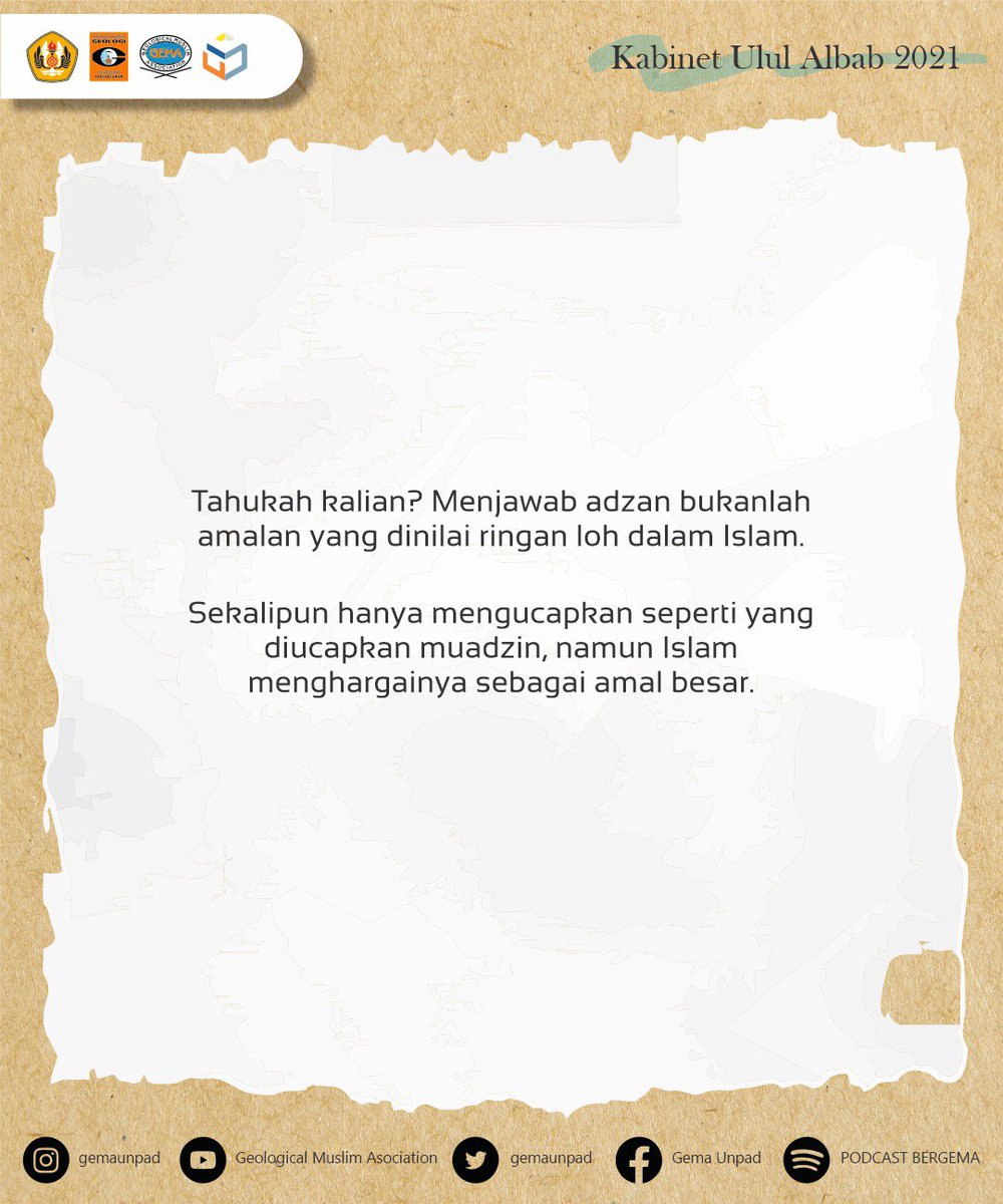 gemaunpad's tweet photo. [ Ruang Dakwah - Jangan Sepelekan Kumandang Adzan! ]

Assalamuallaikum semuanya 👋

Kami mau ngingetin kalian buat jangan menyepelekan kumandang Adzan! Melainkan didengarkan dan dijawab!
Menjawab adzan, ternyata bukan amal yang nilainya ringan loh, malahan sebaliknya! 😊 https://t.co/MFz6FW6BFY