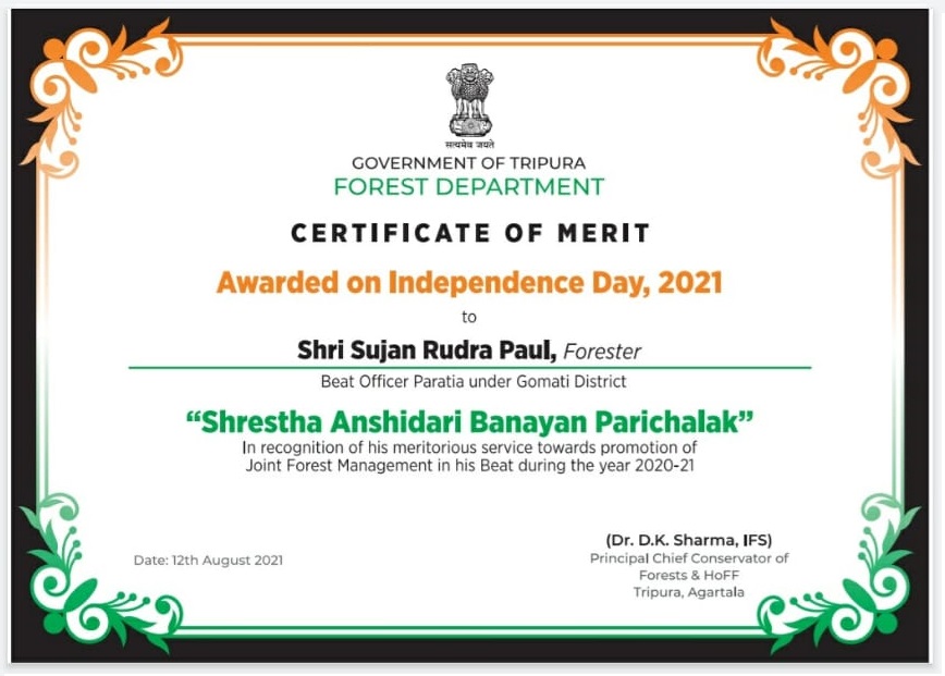 ForestTripura's tweet photo. Shri Sujan Rudra Paul awarded “Shreshta Ansidari Banayan Parichalak” in recognition of his meritorious service in Joint Forest Management. Award given on Independence Day, 2021 by Hon’ble Chief Minister of Tripura. @tripura_cmo @cstripura @ica_tripura https://t.co/tfkacf8pnN