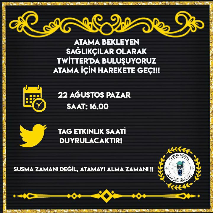 Atama bekleyen tüm meslektaşlarımızı Twitter etkinliğine bekliyoruz. Susma zamanı değil; adil bir atamayı alma zamanı artık.!!
Herkesin katılımı önemlidir.!!