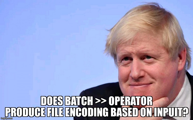 overflow_meme's tweet image. Does batch &amp;gt;&amp;gt; operator produce file encoding based on inpuit? stackoverflow.com/questions/6885… #commandprompt #batchfile #characterencoding