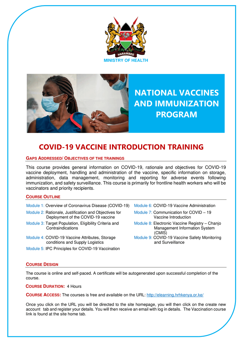 Intra Health International <a href="/IntraHealth/">IntraHealth International</a> In Collaboration with The <a href="/MOH_Kenya/">Ministry of Health</a> #Kenya - #COVID19 Vaccination Course for #Doctors 
CPD Accreditation to Doctors upon completion.
<a href="/KmpdcOfficial/">Kenya Medical Practitioners and Dentists Council</a> <a href="/MTRHofficial/">Moi Teaching and Referral Hospital</a> 

The courses is free and available on the URL: elearning.hrhkenya.or.ke