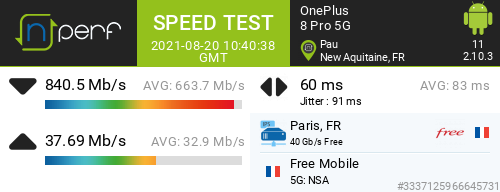 Odrilow's tweet photo. β840540 kb/s β37688 kb/s, β 60 ms / mobile:Free / #OnePlus8Pro5G / #nPerf v2.10.3 / https://t.co/Lb3iAqhgqR