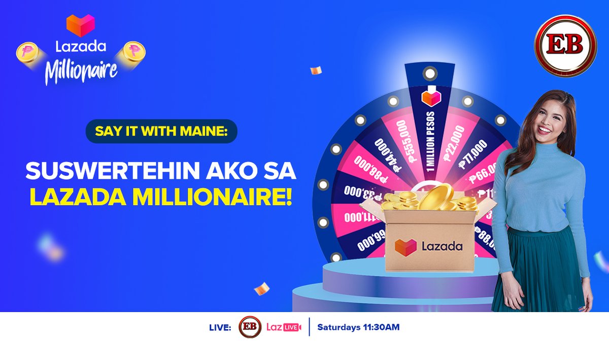 LazadaPH's tweet photo. Time to ✨ manifest ✨ and say this with Maine! Baka magkatotoo at ikaw na ang susunod na mag-uwi ng ₱1 MILLION PESOS! Manood ng #LazadaMillionaire sa Eat Bulaga every SAT, 11:30AM. 🤩

Dahil ang swerte mo, #NasaLazadaYan! 😌

#LazadaPH https://t.co/t8M1fRDw55