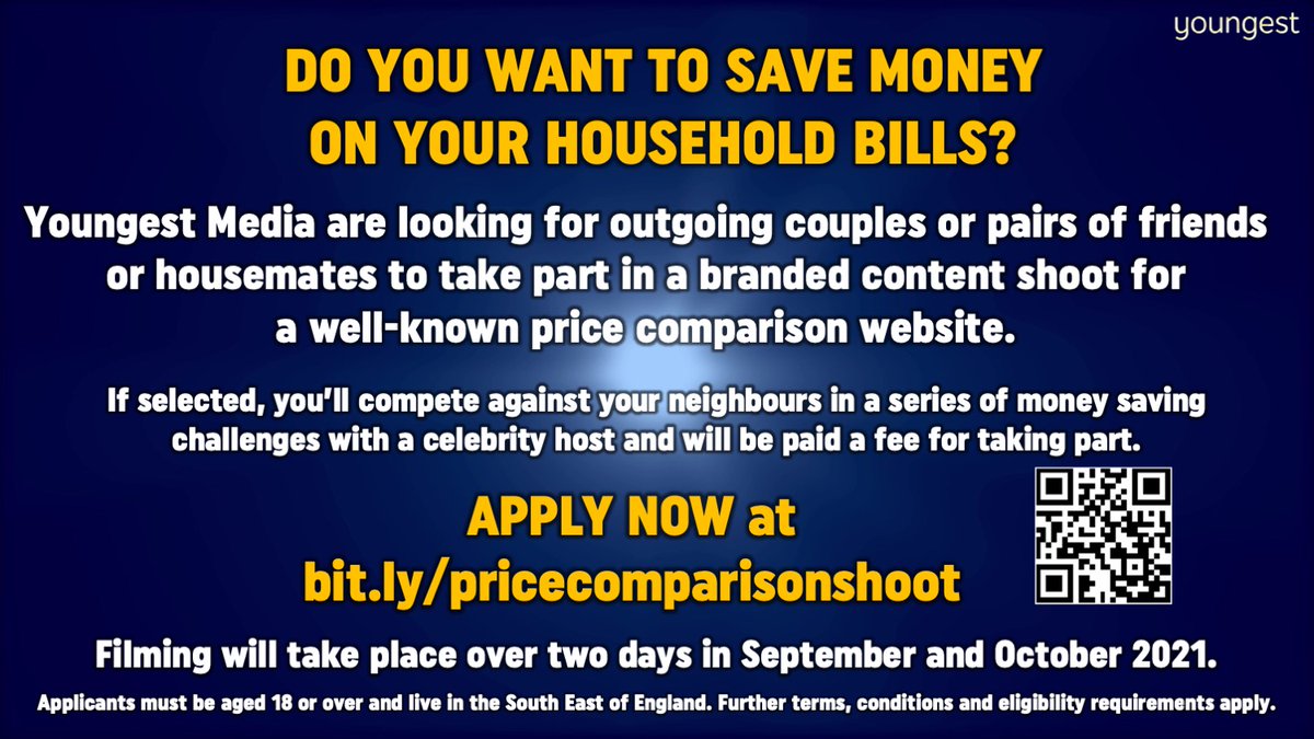 I'm looking for two households in the same street in the South East of England for a PAID branded content shoot for a well-known price comparison website. Apply now via the below link or scan the QR code. Please RT!