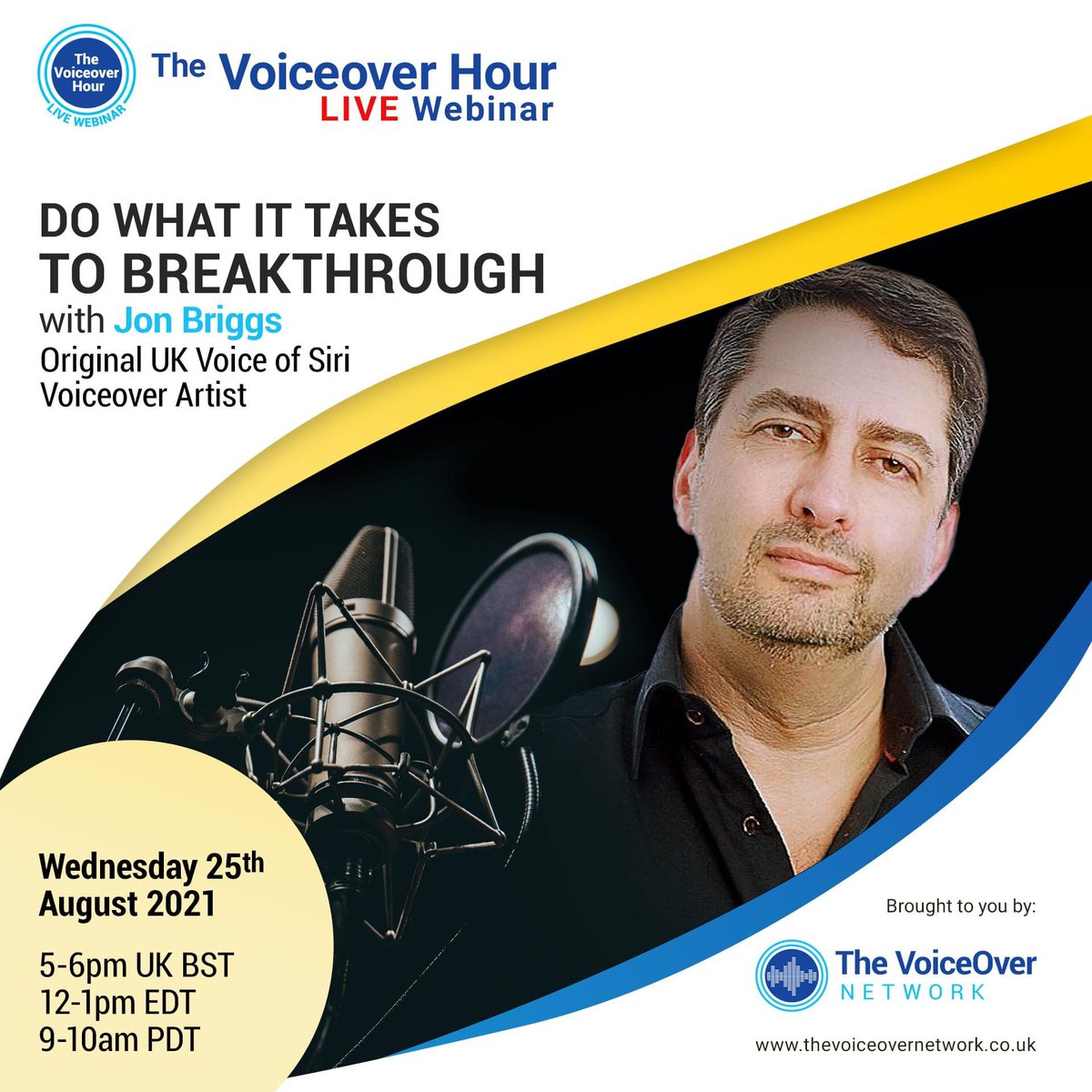 On the next The Voiceover Hour LIVE webinar I'll be talking to one of the most recognisable voices in the world! 

During this webinar we’ll be talking about staying current, booking VO work, getting an agent, current trends + more. 

Register for FREE now thevoiceovernetwork.org/events/the-voi…