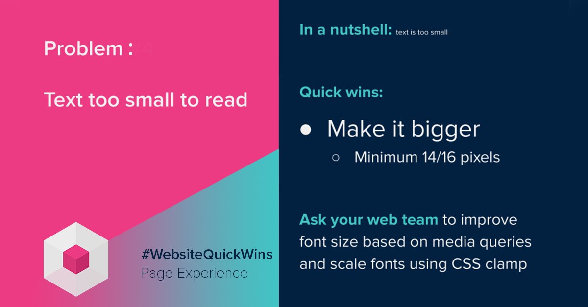 20_eighty's tweet photo. For optimal mobile-friendliness, the text on your site should be a minimum of 14/16 pixels. 

This is important for accessibility, overall user experience, and now Google search ranking.

It's one of the quickest #WebsiteQuickWins you can make, so what are you waiting for? https://t.co/T3EF8IzNxU