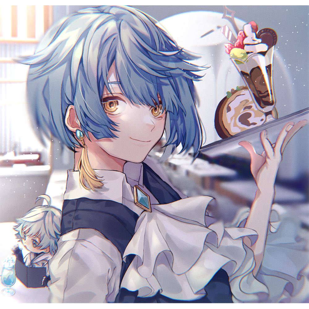 chongyun (genshin impact) ,xingqiu (genshin impact) jewelry male focus blue hair 2boys multiple boys earrings yellow eyes  illustration images